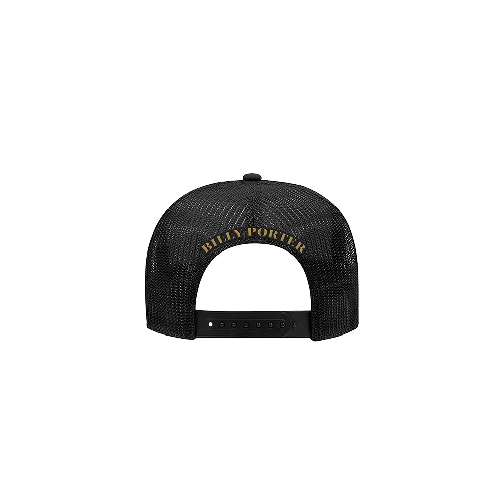 Official Billy Porter Merchandise. A black trucker hat with the watercolor design on the front, and Billy Porter logo design in gold on the back.