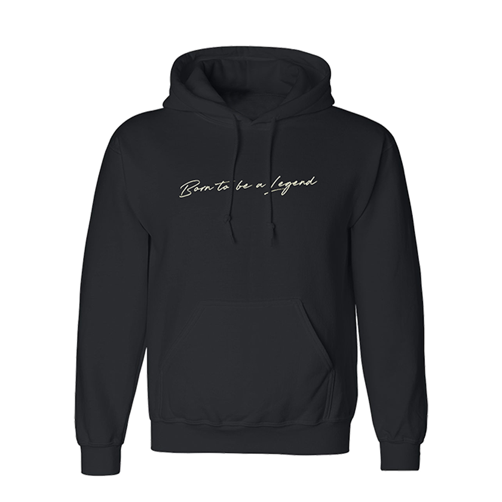 Official Billy Porter Merchandise. Born to be legend script design on the front of a black pullover hoodie. 2023 photo tour design on the back.