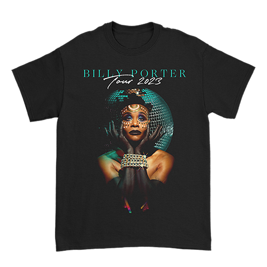 Official Billy Porter Merchandise. 2023 photo tour design on a black cotton t-shirt, with tour date listings on the back. 