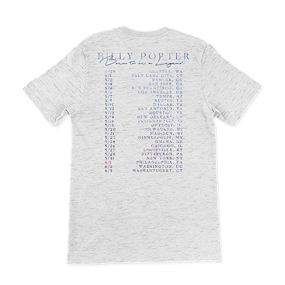 Official Billy Porter Merchandise. Light photo 2023 tour design on a heather cotton shirt, with tour date listing design on the back. 