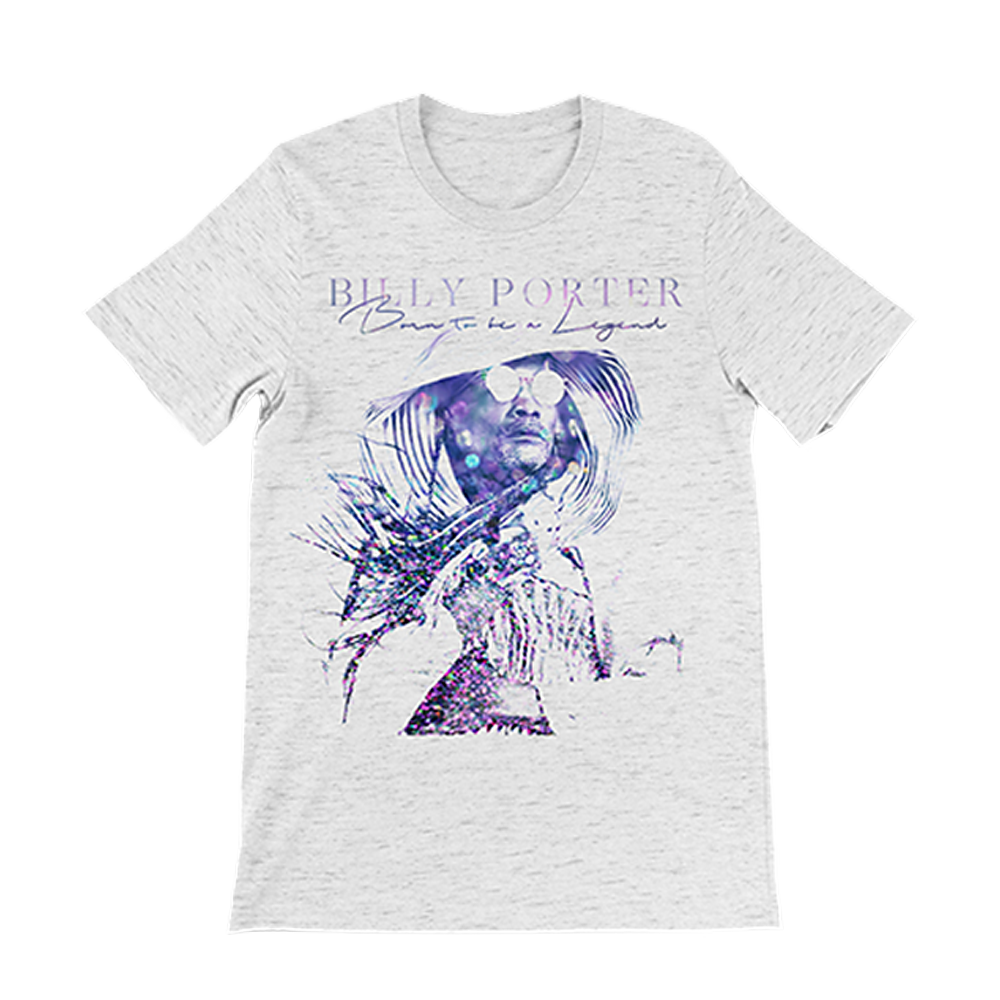 Official Billy Porter Merchandise. Light photo 2023 tour design on a heather cotton shirt, with tour date listing design on the back. 