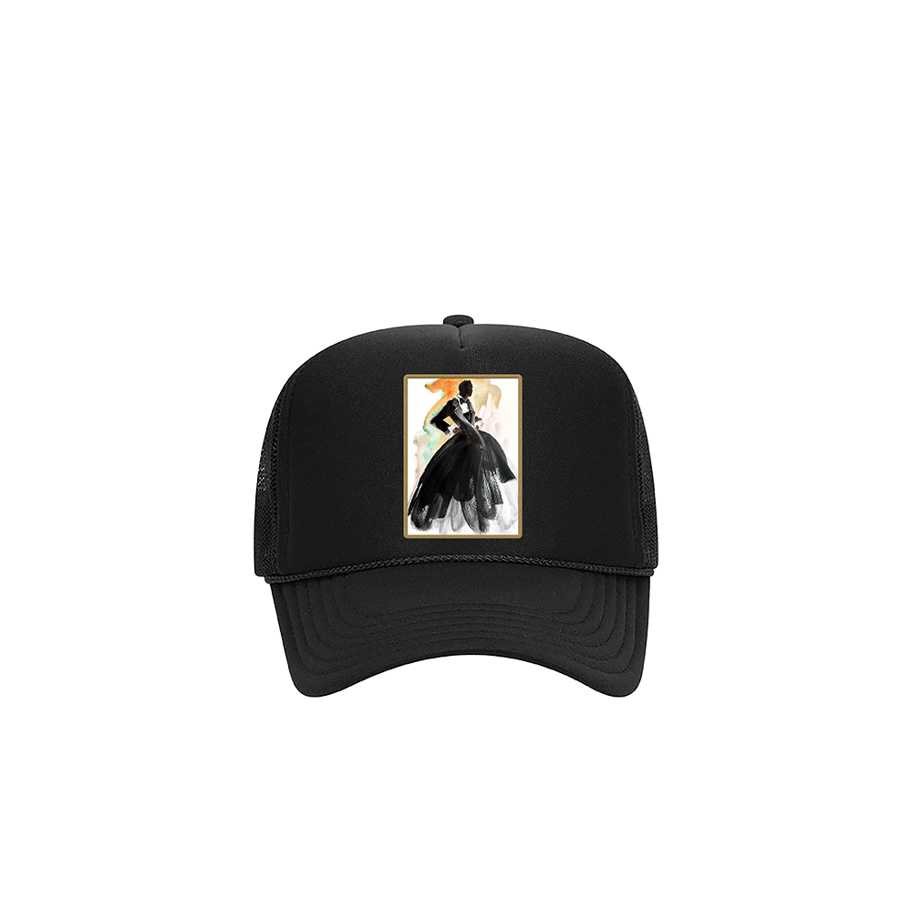 Official Billy Porter Merchandise. A black trucker hat with the watercolor design on the front, and Billy Porter logo design in gold on the back. 